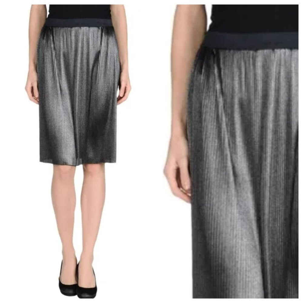 Enza Costa Gunmetal Silver Metallic Pleated High Waist Knee Length Skirt